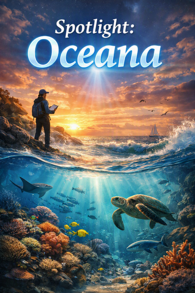 Digital illustration titled ‘Spotlight: Oceana’ showing a split scene above and below the ocean. Above the water, a sunset glows in orange and pink hues as a marine conservationist stands on rocky shore holding a clipboard, with seabirds flying and a sailboat on the horizon. Below the surface, sunlight beams through clear blue water onto a vibrant coral reef filled with colorful fish, a sea turtle, and a manta ray. The title ‘Spotlight: Oceana’ appears in bright white and blue letters at the top.