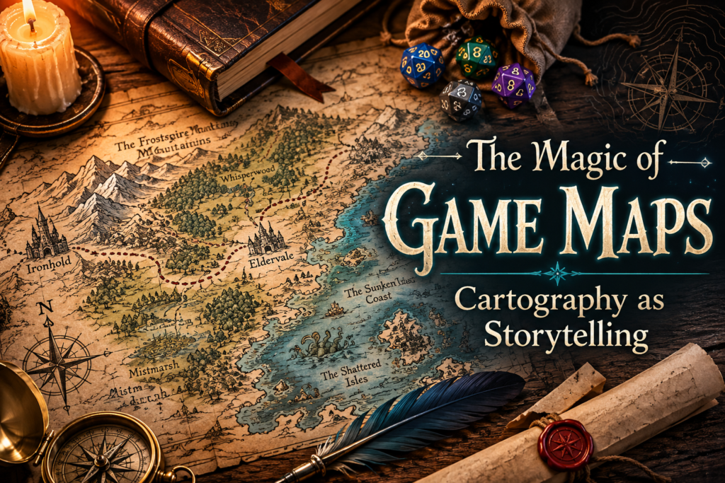 A fantasy-themed banner featuring an illustrated parchment map, colorful polyhedral dice, an old leather-bound book, a glowing candle, compass, quill pen, and rolled scroll. Large text reads: “The Magic of Game Maps: Cartography as Storytelling.”