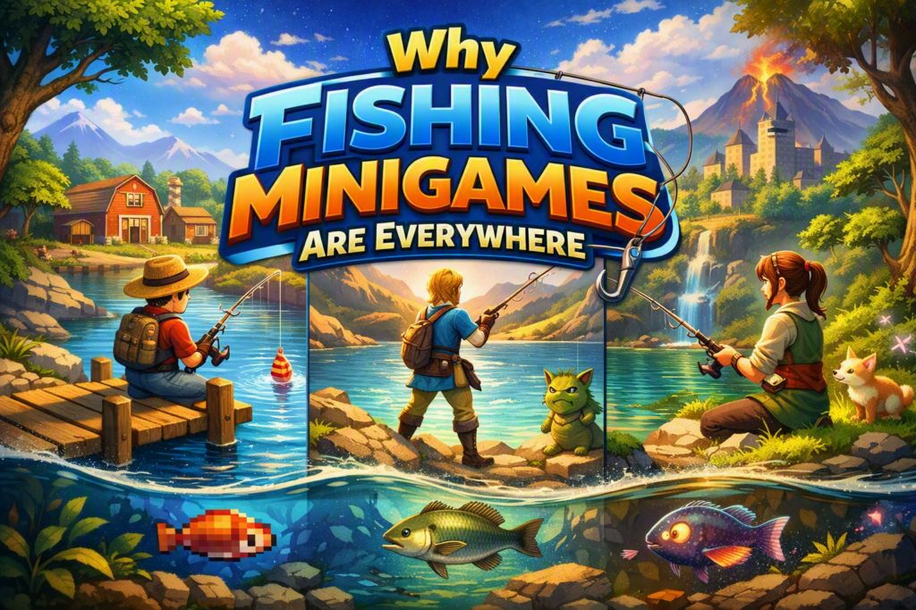 A vibrant crossover illustration showing three characters fishing from different video game worlds beneath the title “Why Fishing Minigames Are Everywhere.” On the left, a Stardew Valley‑style farmer fishes from a wooden dock near a cozy village. In the center, a Breath of the Wild‑inspired adventurer casts a line beside a waterfall and mountains. On the right, a Palia‑inspired character fishes in a glowing forest with a small fox nearby. Underwater, pixel fish, a Hyrule bass, and a luminous fantasy fish swim together, blending the three worlds into one unified scene.