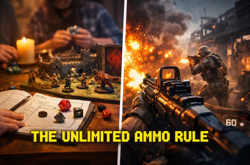 Split-screen promotional image titled “The Unlimited Ammo Rule.” The left side shows a tabletop RPG session with a dungeon master, dice, and fantasy miniatures lit by candles. The right side shows a first-person shooter scene with a player firing an assault rifle amid explosions and smoke. Bold yellow 8-bit text reading “The Unlimited Ammo Rule” spans the bottom across both halves.