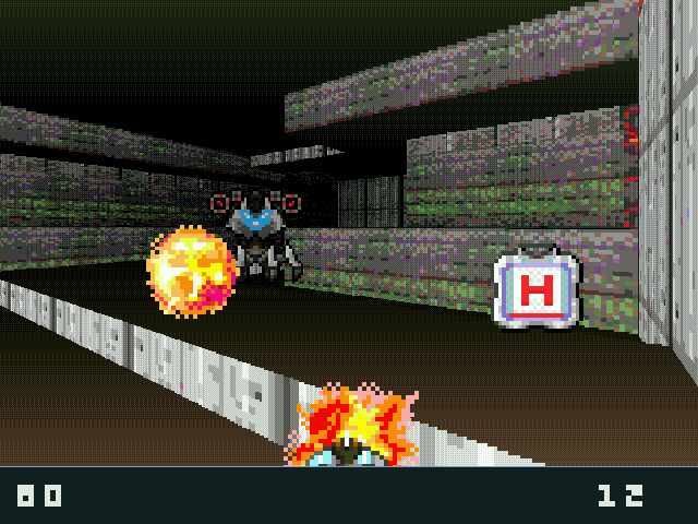 Screenshot from the game Anarch, showing a first‑person view inside a dim industrial corridor with metal walls, glowing lights, and a weapon held at the bottom of the screen. The interface displays health and ammo counters, illustrating fast‑paced shooter gameplay often associated with unlimited ammo design principles.