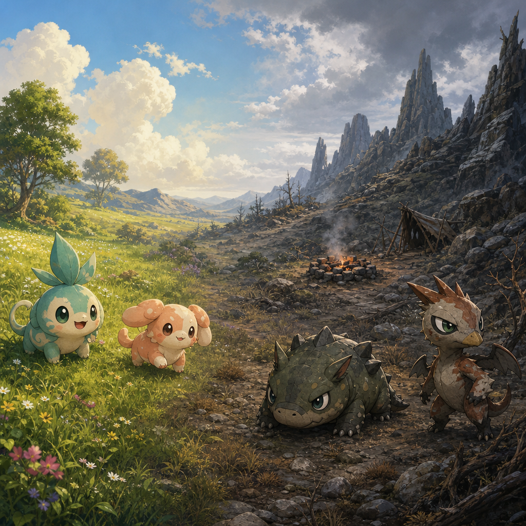 A cinematic, atmospheric landscape transitioning from a bright, sunlit meadow with small chibi-style mascot creatures on one side to a rugged, dim survivalist wilderness with edgier chibi-style creatures on the other, blending in a smooth blue-to-black ombre. Original, non-branded creature designs inspired by the Pokémon vs. Palworld design debate; not depicting official characters from either franchise.