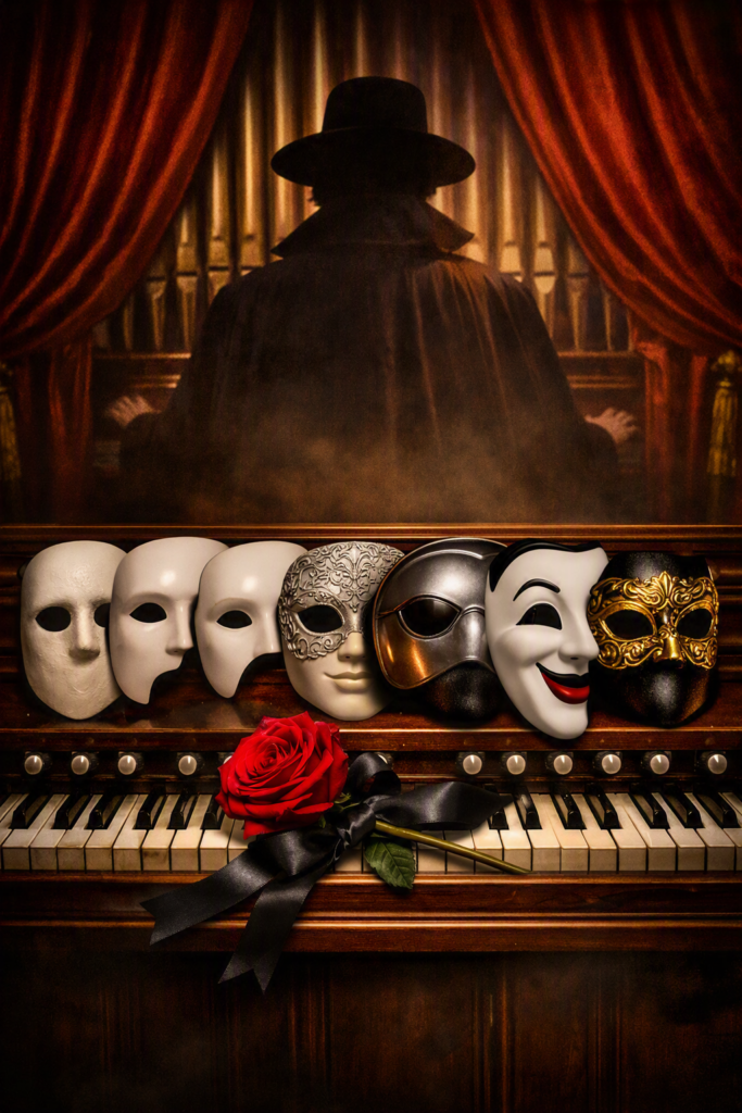 A photorealistic theatrical poster showing seven Phantom of the Opera masks arranged across the keys of a dark pipe organ. A red rose with a black ribbon lies on the keys in front of them. Behind the organ, a shadowed silhouette of Erik Dessler stands against a red velvet curtain. The masks represent different eras of the Phantom’s story, from classic white half‑masks to ornate gold and silver designs.