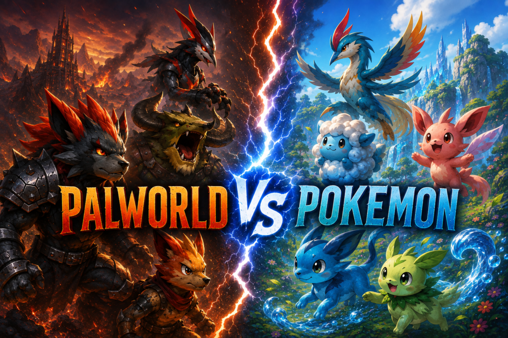 Create an image: Digital illustration showing a lightning‑bolt split between two groups of creatures for Palworld vs. Pokémon. The left side features fierce, armored Palworld creatures in fiery tones, while the right side shows bright, friendly elemental mascots in cool colors. The title ‘PALWORLD VS POKEMON’ appears across the center with electric energy dividing the two worlds.